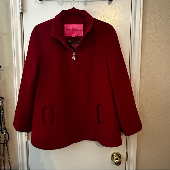 BETSEY JOHNSON Cape Swing Coat‎ Red Wool Blend Full Zip W/Pockets Size Medium - Picture 1 of 10